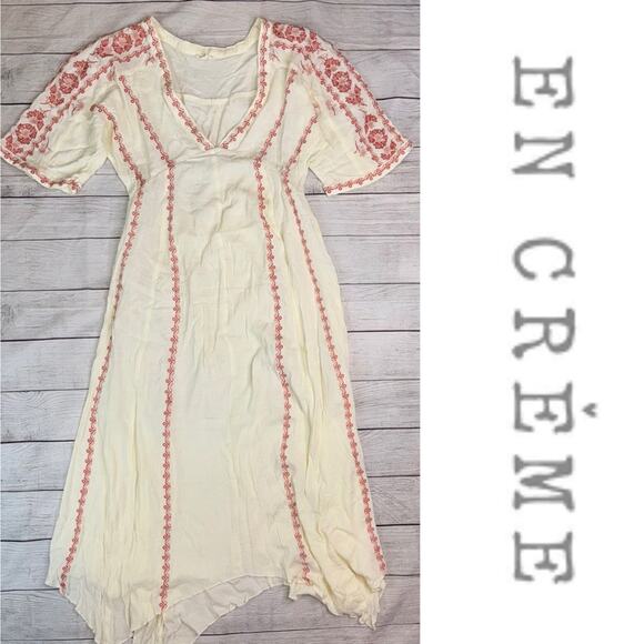 En Creme Ivory and Red V-Neck Embroidered Midi Dress with Handkerchief Hem Small - Picture 2 of 9